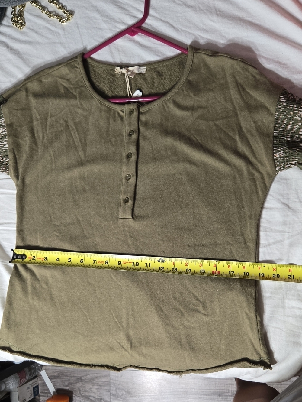 Mystree Pullover Olive Color Mixed Sleeves Sz M - Picture 10 of 10